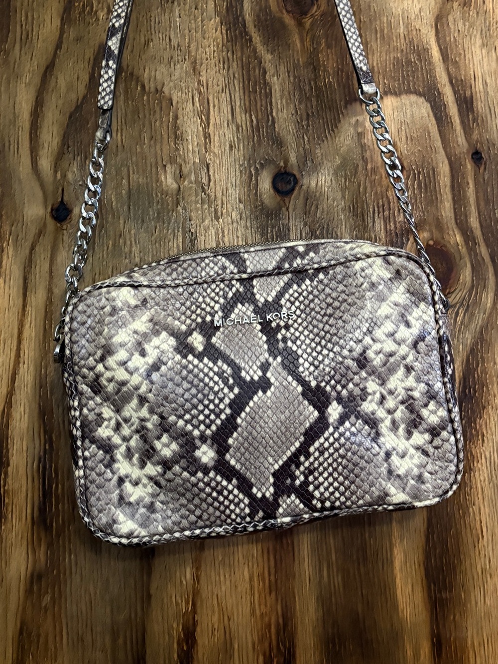 Michael Kors Brown and Cream Snake-Print Crossbody Bag